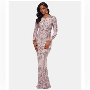 Betsy & Adam, Rose Gold Embellished Embroidered Gown